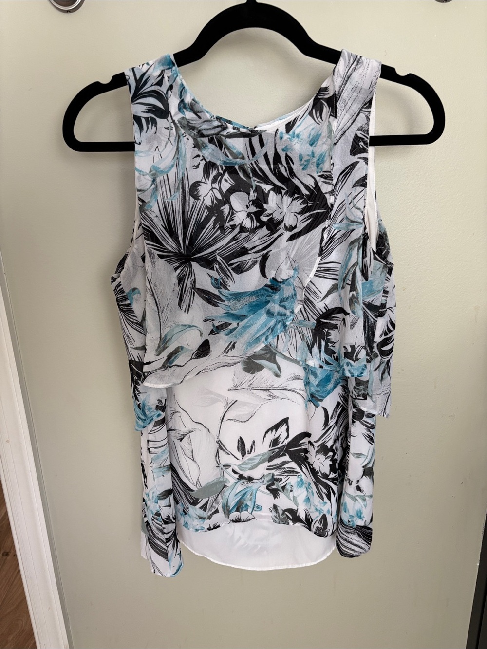 White House Black Market Floral Layered Sleeveless Top - White with Teal & Black